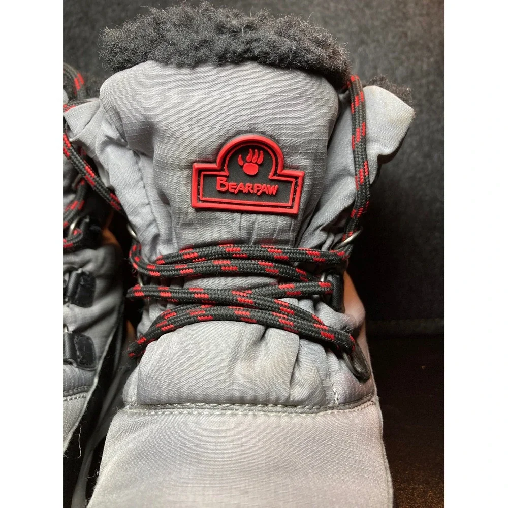 Bearpaw Tundra Youth Snow Boots Grey Black Red Wool Blend Insulated 2363Y Size 4